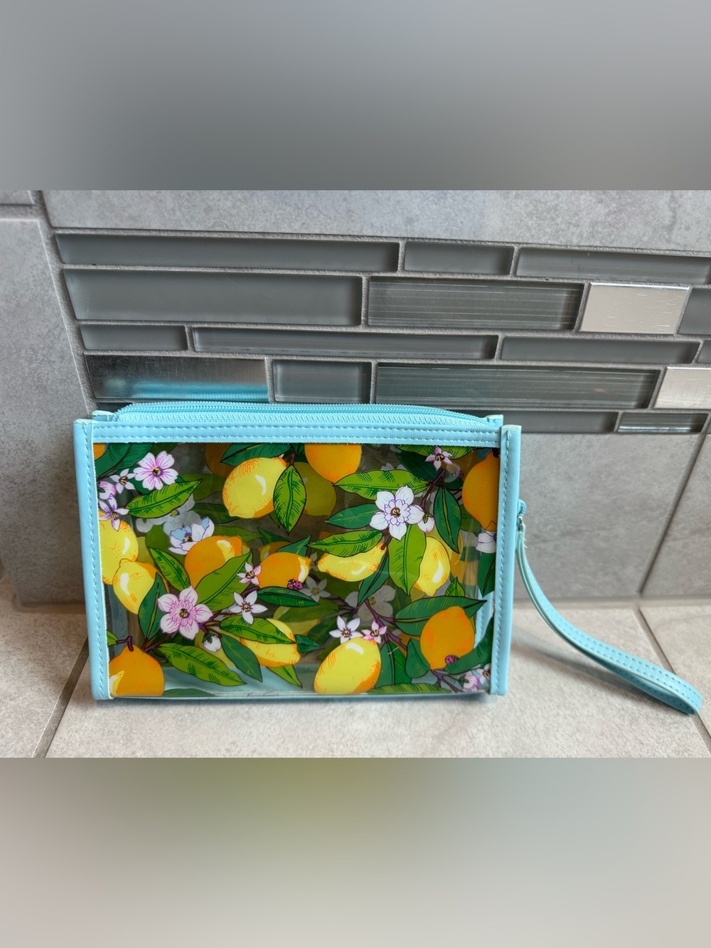 Vera Bradley Lemon Grove Print Clear Cosmetic Wristlet in Light Blue Trim